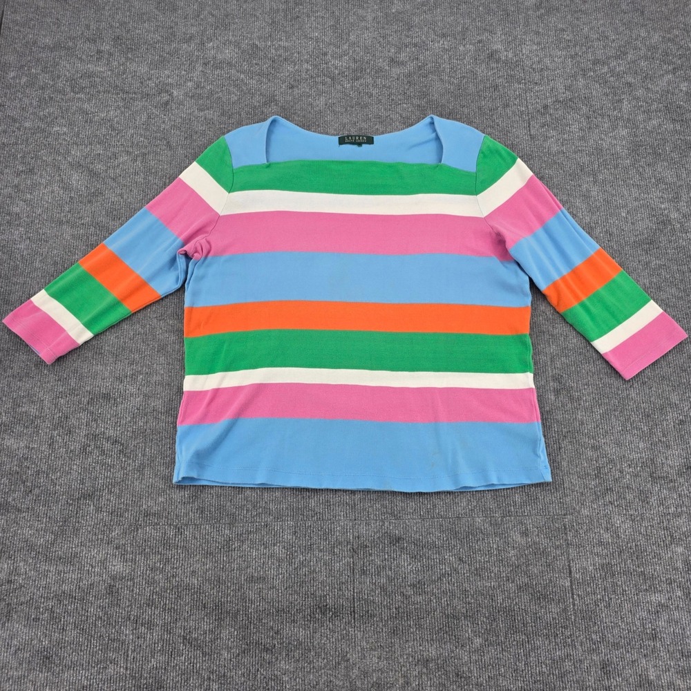 Lauren Ralph Lauren Square Neck Striped Knit Top Multicolor 3/4 Sleeve XL